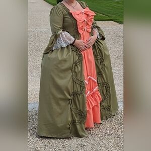 Elegant Olive Green and Coral Women's 18th century Gown